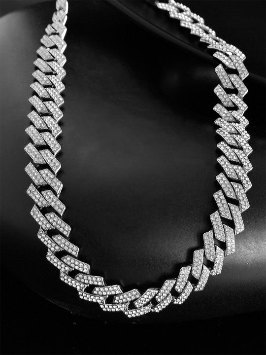 Hip Hop Rhinestone Cuban Chain For men/Boys Cubic Zirconia Silver Pl