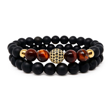 Boosts Charisma, helps in achieving good results Tiger Eye Paired Bracelet with Matte Black Agate & CZ Ball