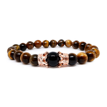Tiger Eye Bracelet with Black Obsidian & CZ Crown