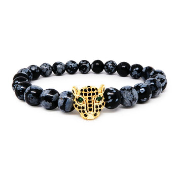 Royal Snowflake Obsidian Bracelet with 22k Gold Plated CZ Leopard Head/Cube
