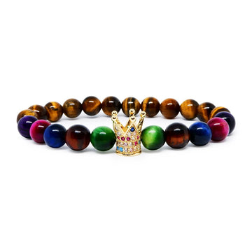 Multi Colour Tiger Eye Bracelet with CZ Crown