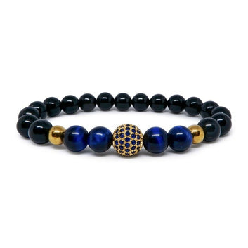 Royal Blue Tiger Eye Bracelet with Black Agate & CZ Crown/Ball