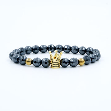 Confidence + Focus + Courage Diamond Cut Hematite Bracelet with 22k Gold Plated CZ Crown