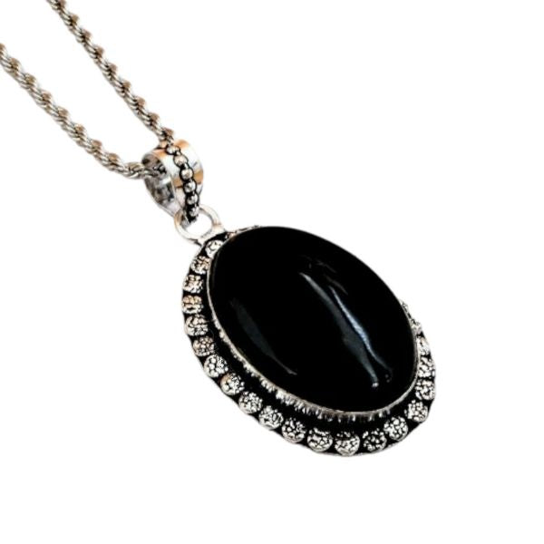 A Stone Of Success Black Obsidian German Silver Pendant with Stainless Steel Rope Chain for Men/Women