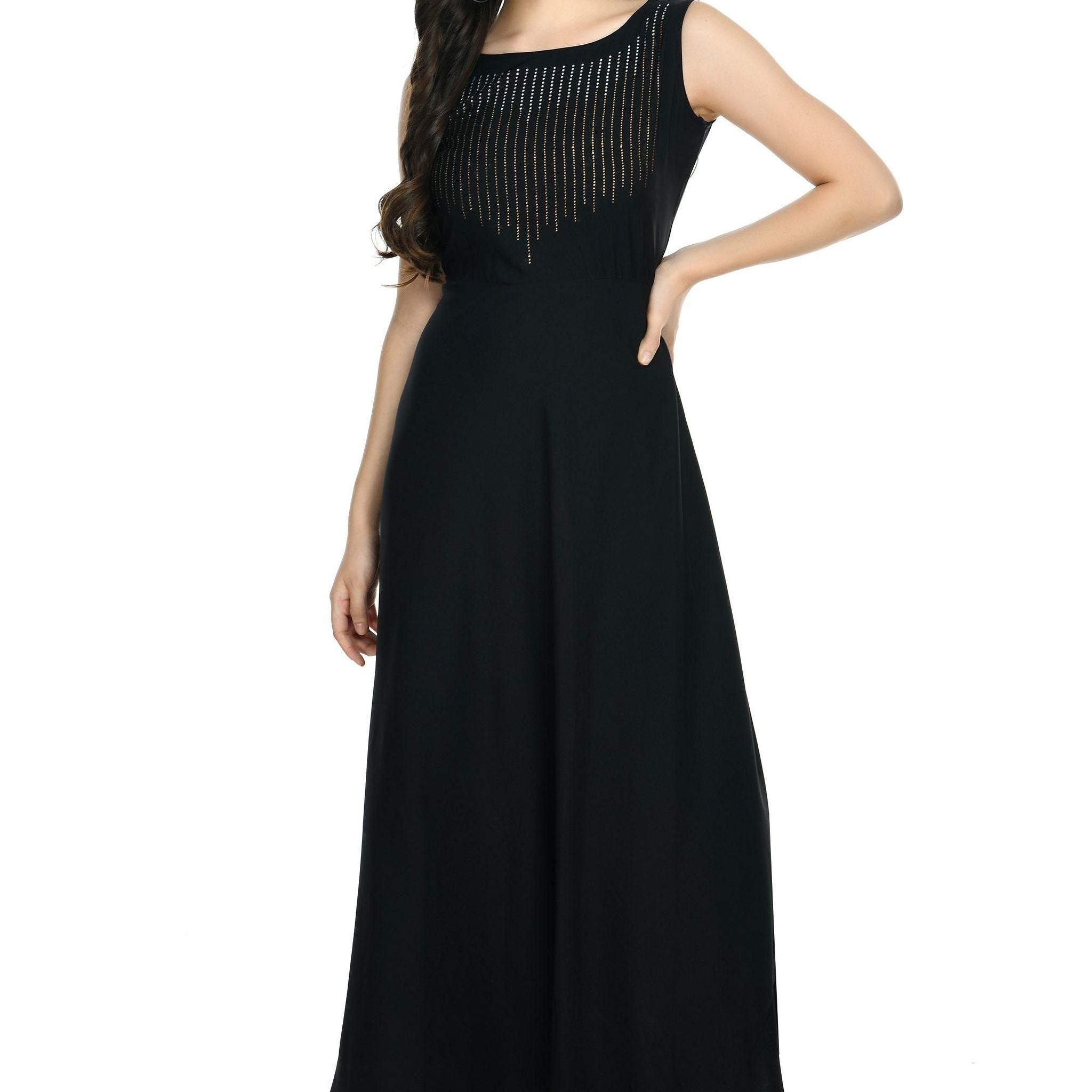 Oceanista Women's Crepe Embellished Partywear Black Maxi Dress