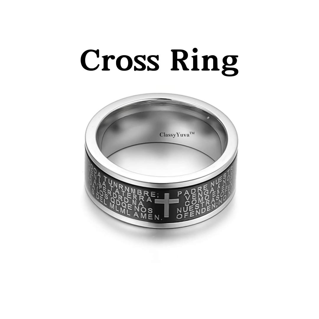 Men’s Stylish Black Cross Ring in Silver Finish