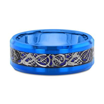 The Metallic Blue Celtic Pattern Stainless Steel Ring