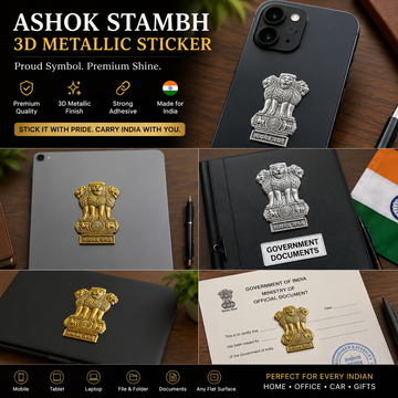 3D Metal Ashok Stambh Satyamev Jayate Emblem Sticker (Pack of 2 – 1 Silver + 1 Gold) – Premium Embossed Indian National Symbol for Mobile, Laptop, Car & Office Use