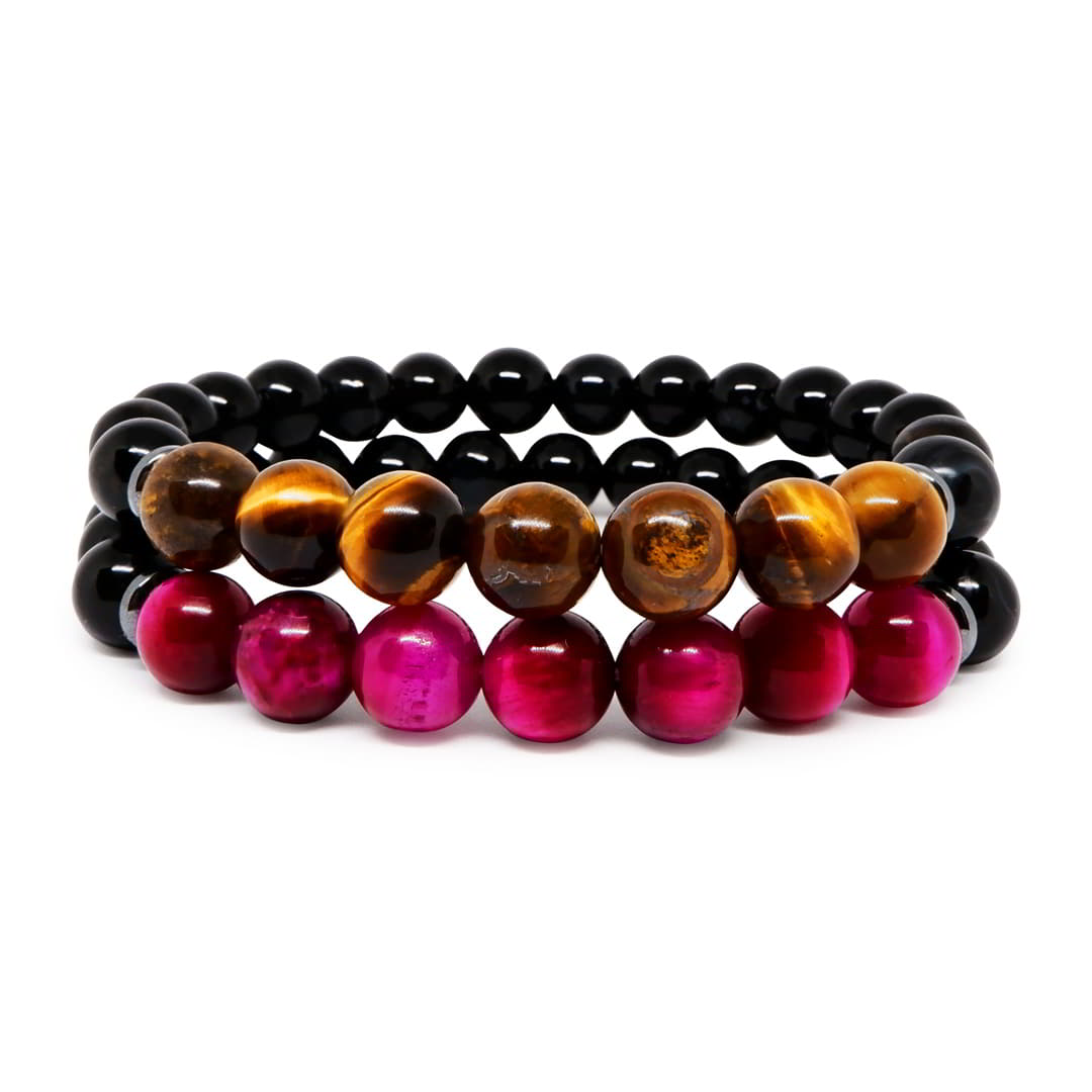 Always & Forever Couple Bracelet with Pink, Brown Tiger Eye & Black Agate
