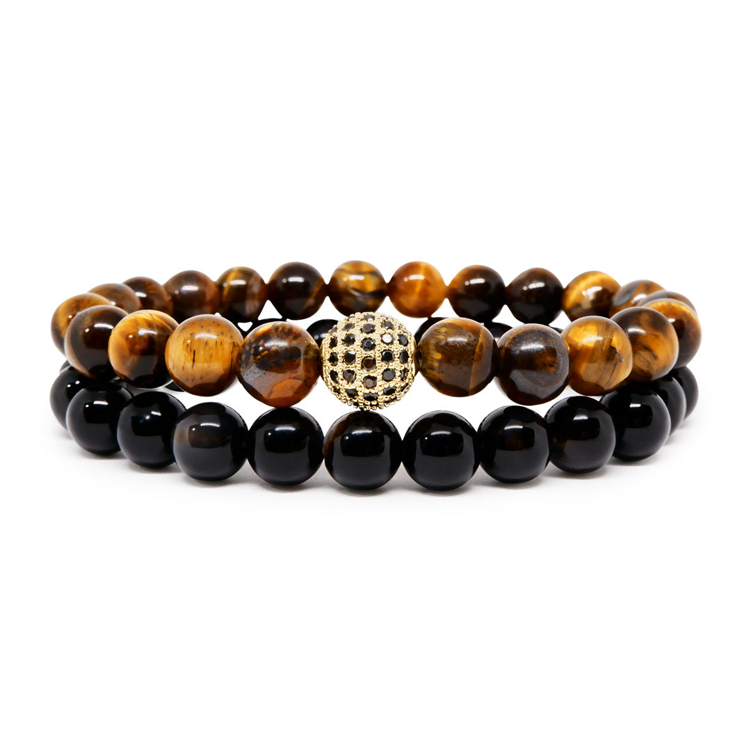 Tiger Eye Bracelet Paired with Black Agate & 22k Gold Plated CZ Ball