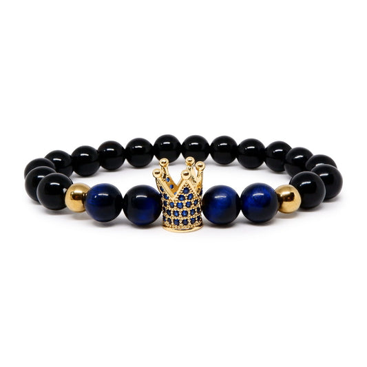 Royal Blue Tiger Eye Bracelet with Black Agate & CZ Crown/Ball