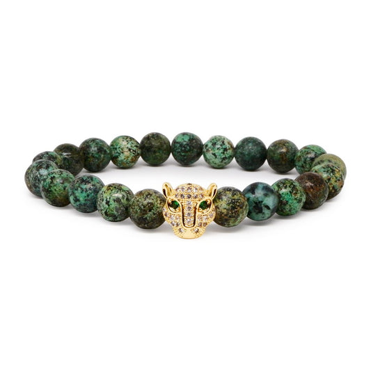 Growth and positive Change Royal African Turquoise Bracelet with 22k Gold Plated CZ Leopard Head