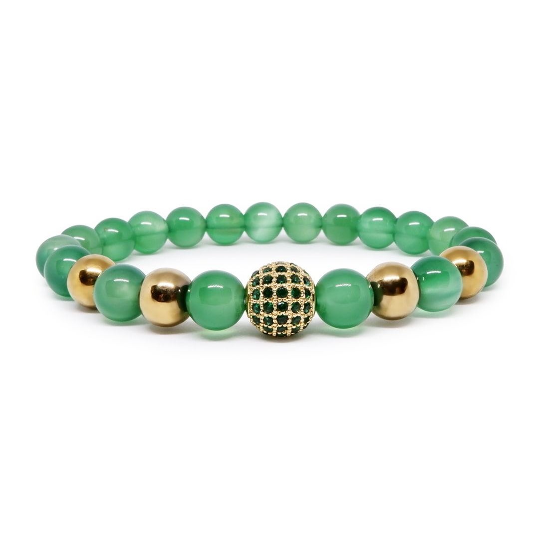 Confidence Prosperity Balance Green Agate Bracelet with CZ Ball/Pyramid