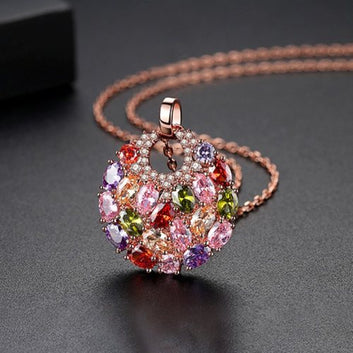 Multicolour Zircon Round Pendant 22k Rose Gold Plated Necklace for Women/Girls