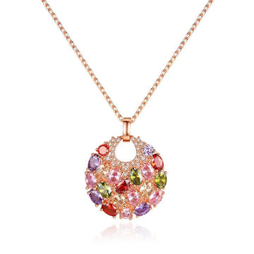Multicolour Zircon Round Pendant 22k Rose Gold Plated Necklace for Women/Girls