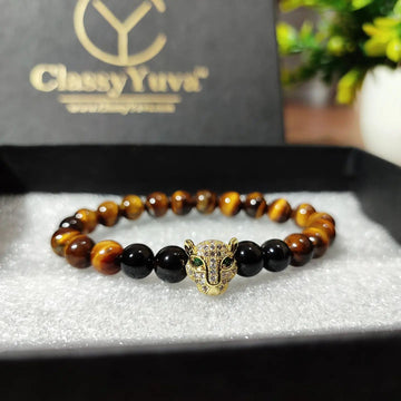 Success Bracelet with 22k Gold Plated Leopard Head, Tiger Eye and Black Agate