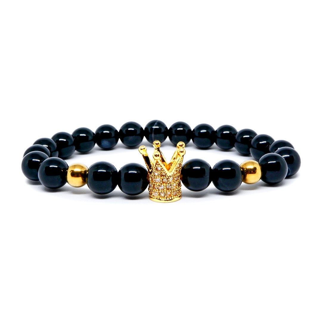 Success Bracelet with Agate and Hematite 22k Gold Plated CZ Crown