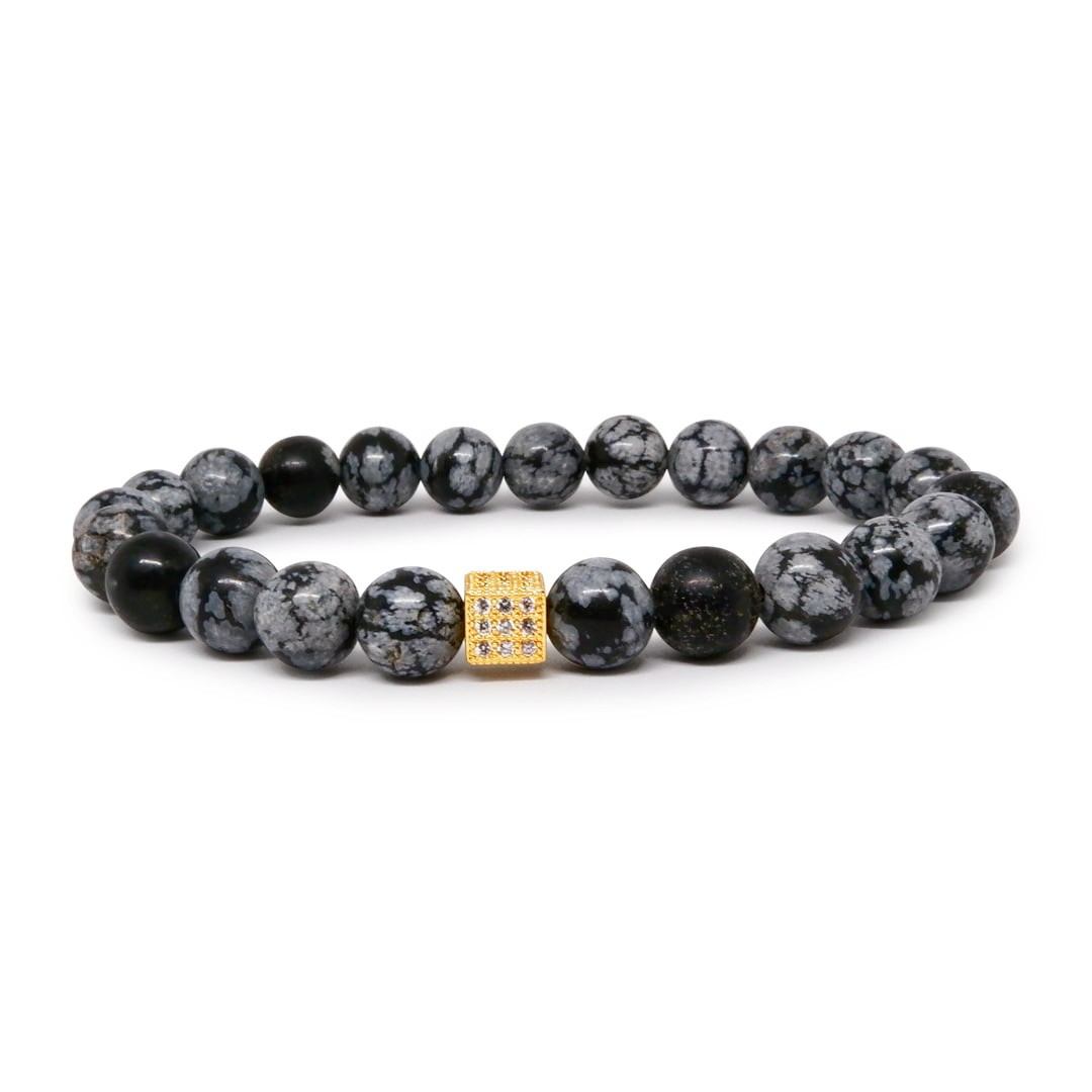 Royal Snowflake Obsidian Bracelet with 22k Gold Plated CZ Leopard Head/Cube
