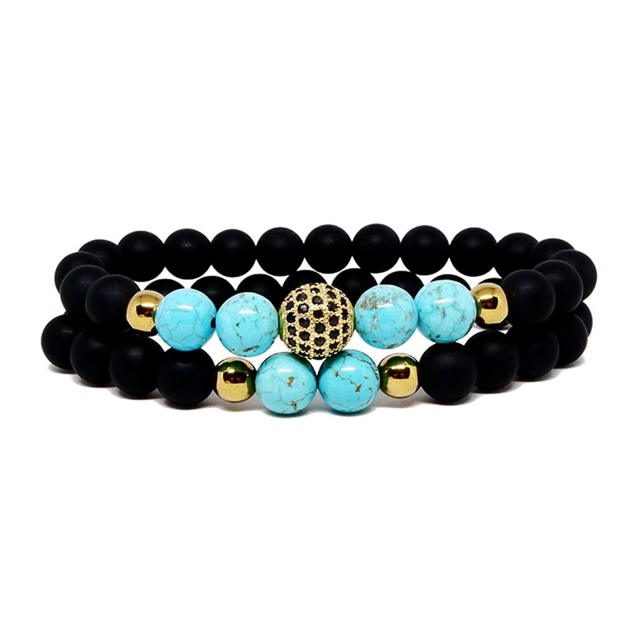 Encourages Creativity Feroza/Turquoise, Paired Bracelet with Matte Black Agate & CZ Ball