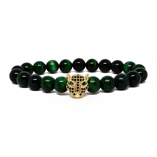 Makes you massively confident Green Tiger Eye Bracelet with 22k Gold Plated CZ Leopard Head