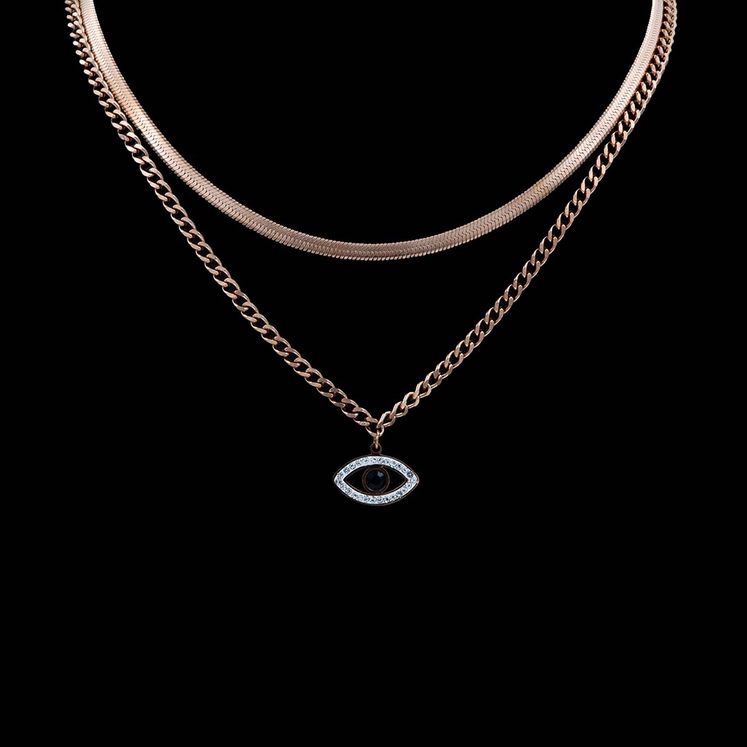 22K Rose Gold Plated Blue CZ Stone Evil Eye with Snake Chain Neck Piece