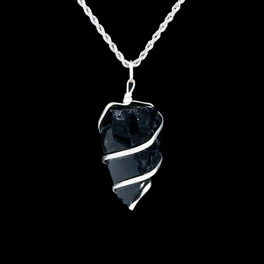 Calming and Clearing Aura Raw Tourmaline Pendant with Stainless Steel Rope Chain for Men/Women