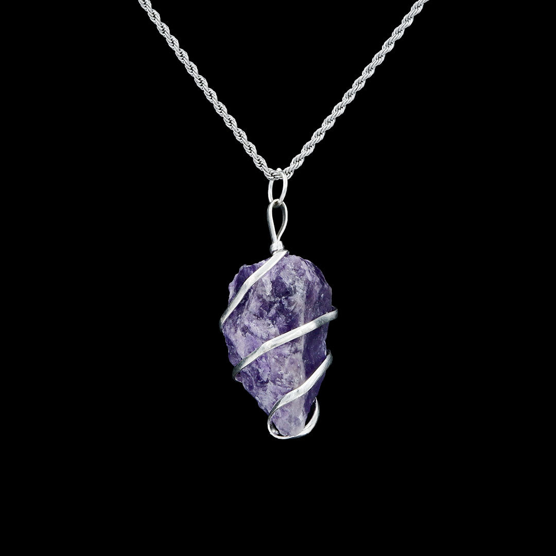 Activates the mind & awakens the sixth sense Raw Amethyst Pendant with Stainless Steel Rope Chain for Men/Women