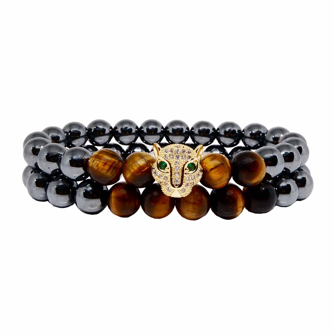 Power Bracelet With Leopard Head, Tiger Eye and Hematite