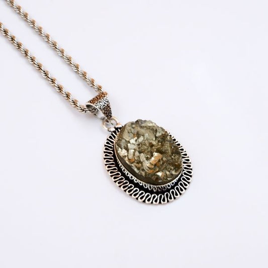 Pyrite Oval Pendant with Stainless Steel Chain