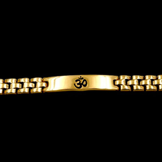 Bring positivity, calms down your senses, relieves tension Om Engraved 22k Gold Plated Chian Bracelet for Unisex