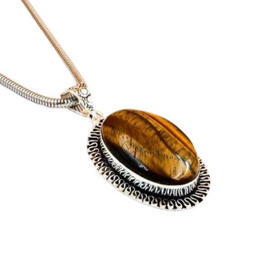 Wealth + Success Tiger Eye German Silver Pendant with Stainless Steel Snake Chain for Men/Women
