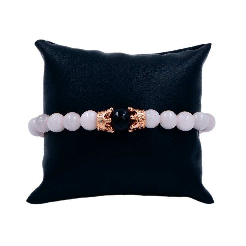 Success in Relationship Bracelet with Rose Quartz, Black Agate and CZ Crown for Girls/Women