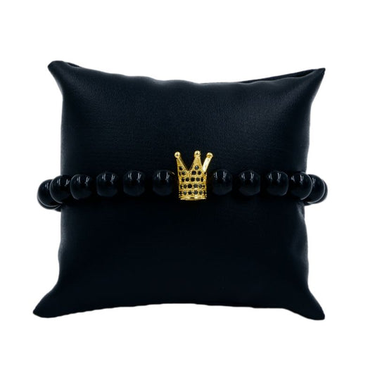 Success Bracelet with Black Agate & 22k Gold Plated Black CZ Crown